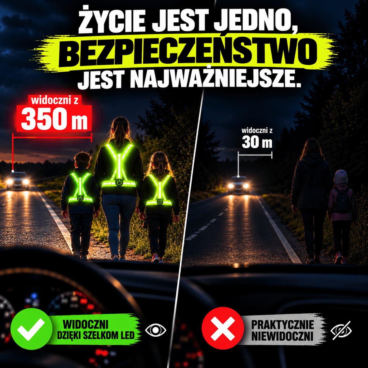 Nie czekaj na światła samochodu. Bądź widoczny 350m wcześniej!